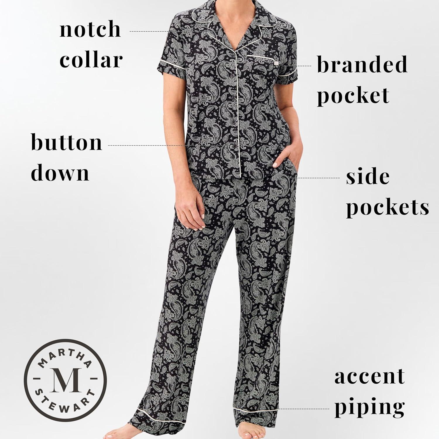 imageMartha Stewart Pajamas for Women Luxury 2Piece Set Short Sleeve VNeck ButtonDown Soft Breathable ComfortDark Paisley
