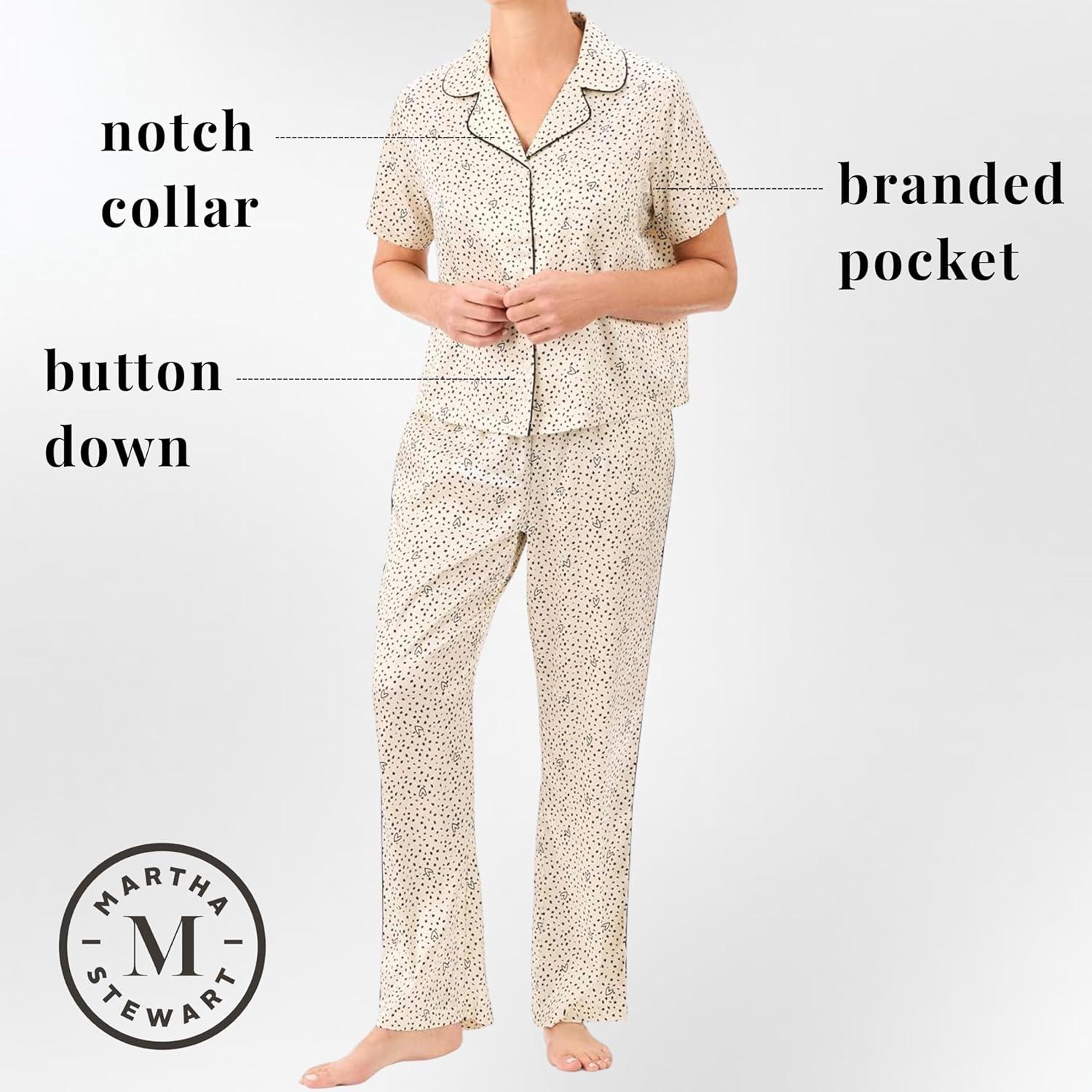 imageMartha Stewart Pajamas for Women Luxury 2Piece Set Short Sleeve VNeck ButtonDown Soft Breathable ComfortHearts and Dots