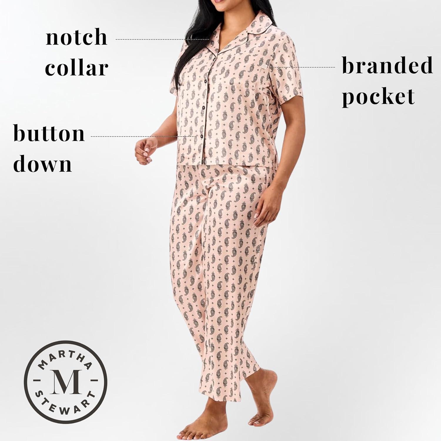 imageMartha Stewart Pajamas for Women Luxury 2Piece Set Short Sleeve VNeck ButtonDown Soft Breathable ComfortPink Paisley