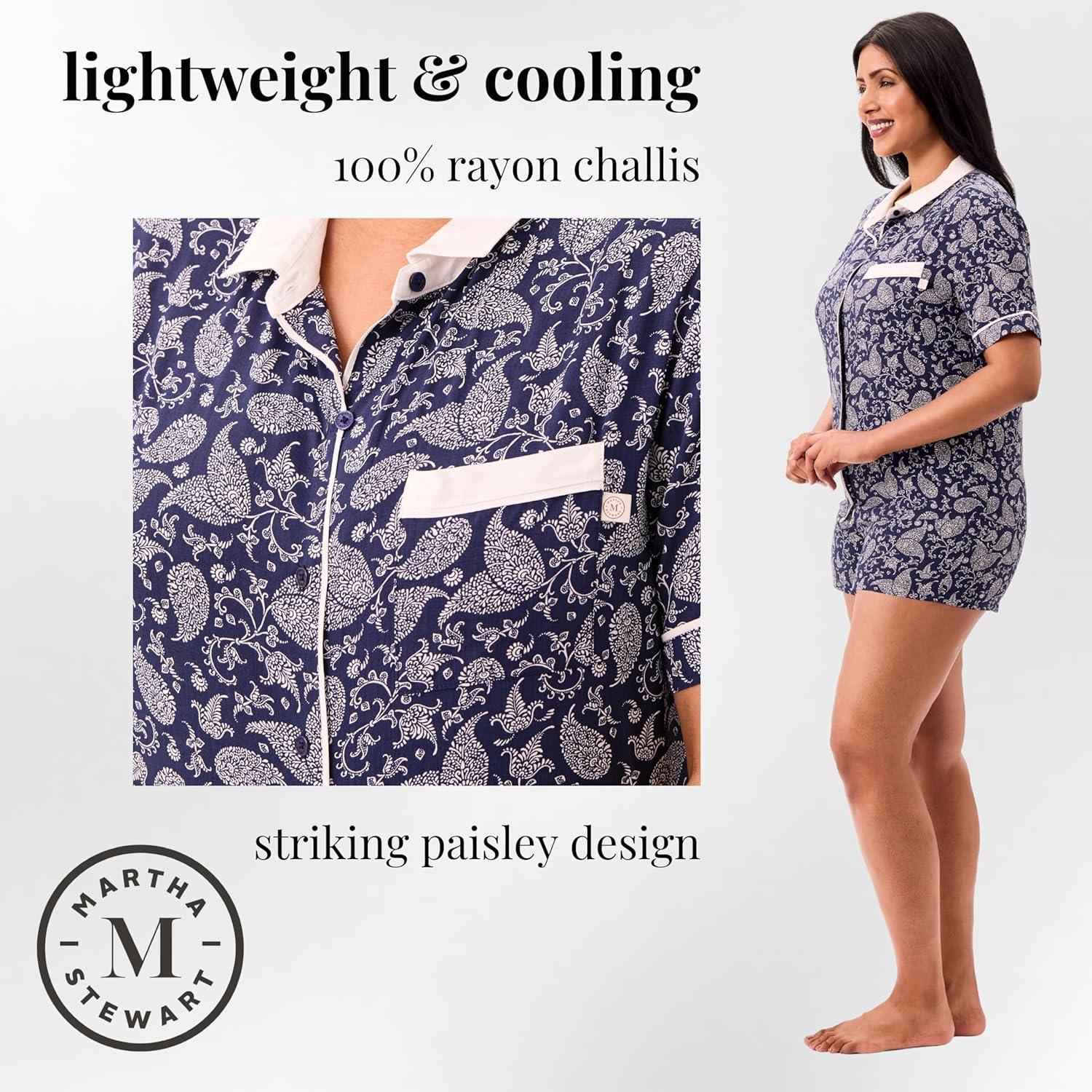 imageMartha Stewart Sleepwear for Women 2Piece Boxer Pajama Set Lightweight LoungewearMedieval Blue