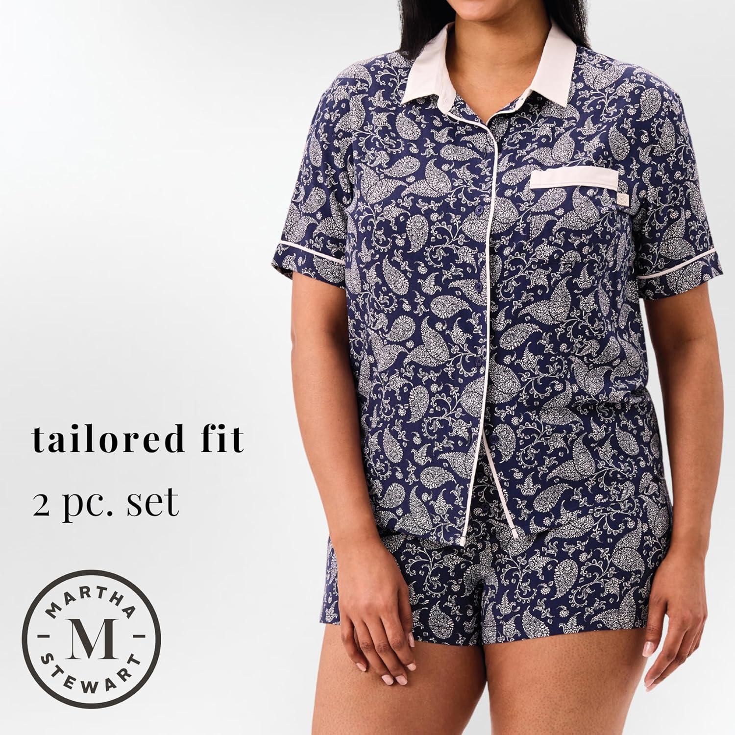 imageMartha Stewart Sleepwear for Women 2Piece Boxer Pajama Set Lightweight LoungewearMedieval Blue