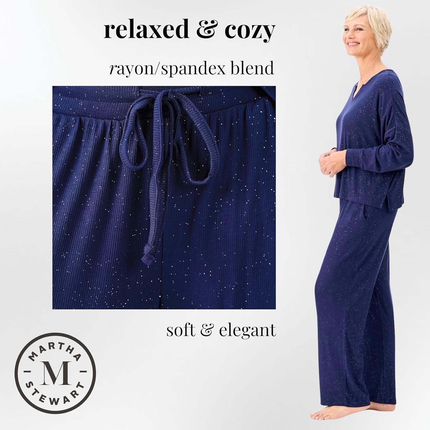 imageMartha Stewart Sleepwear for Women Sparkle amp Shine Ribbed Pajama Set Elegant Comfort for Lounging or CelebratingMedieval Blue