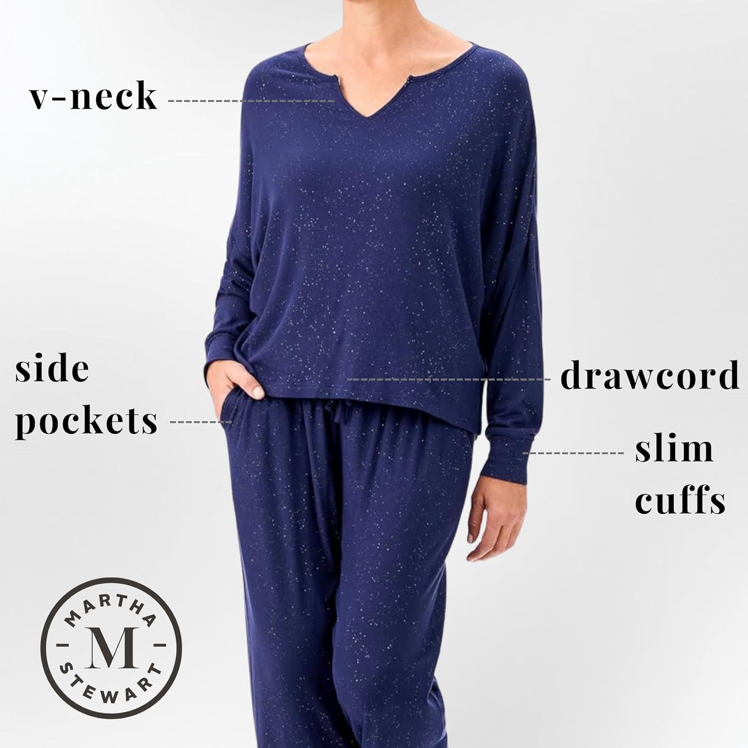imageMartha Stewart Sleepwear for Women Sparkle amp Shine Ribbed Pajama Set Elegant Comfort for Lounging or CelebratingMedieval Blue