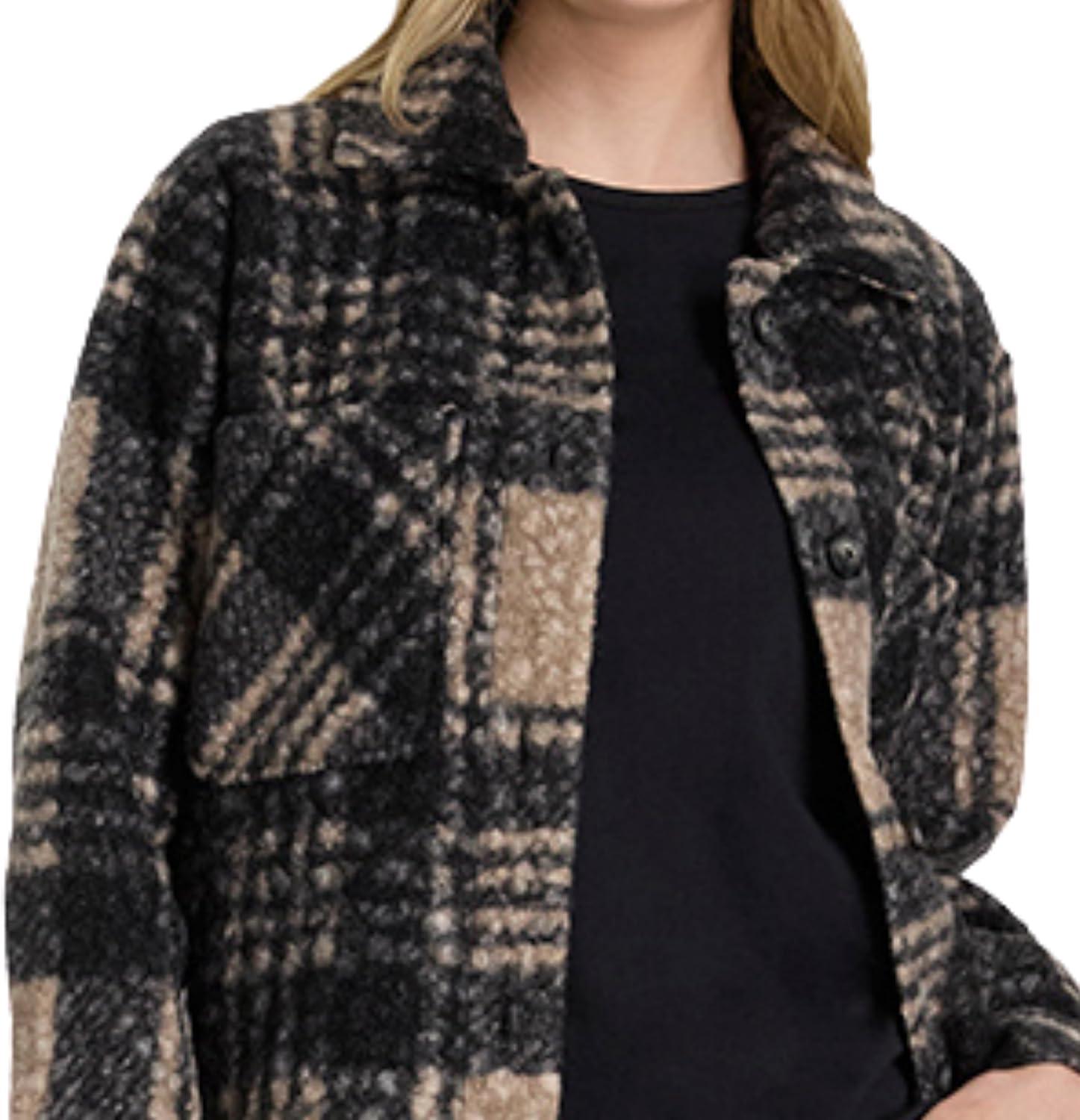imageMartha Stewart Womens Garden Shacket Cozy Fleece Coat Soft Lightweight Warm Outerwear CasualOxford Tan Plaid