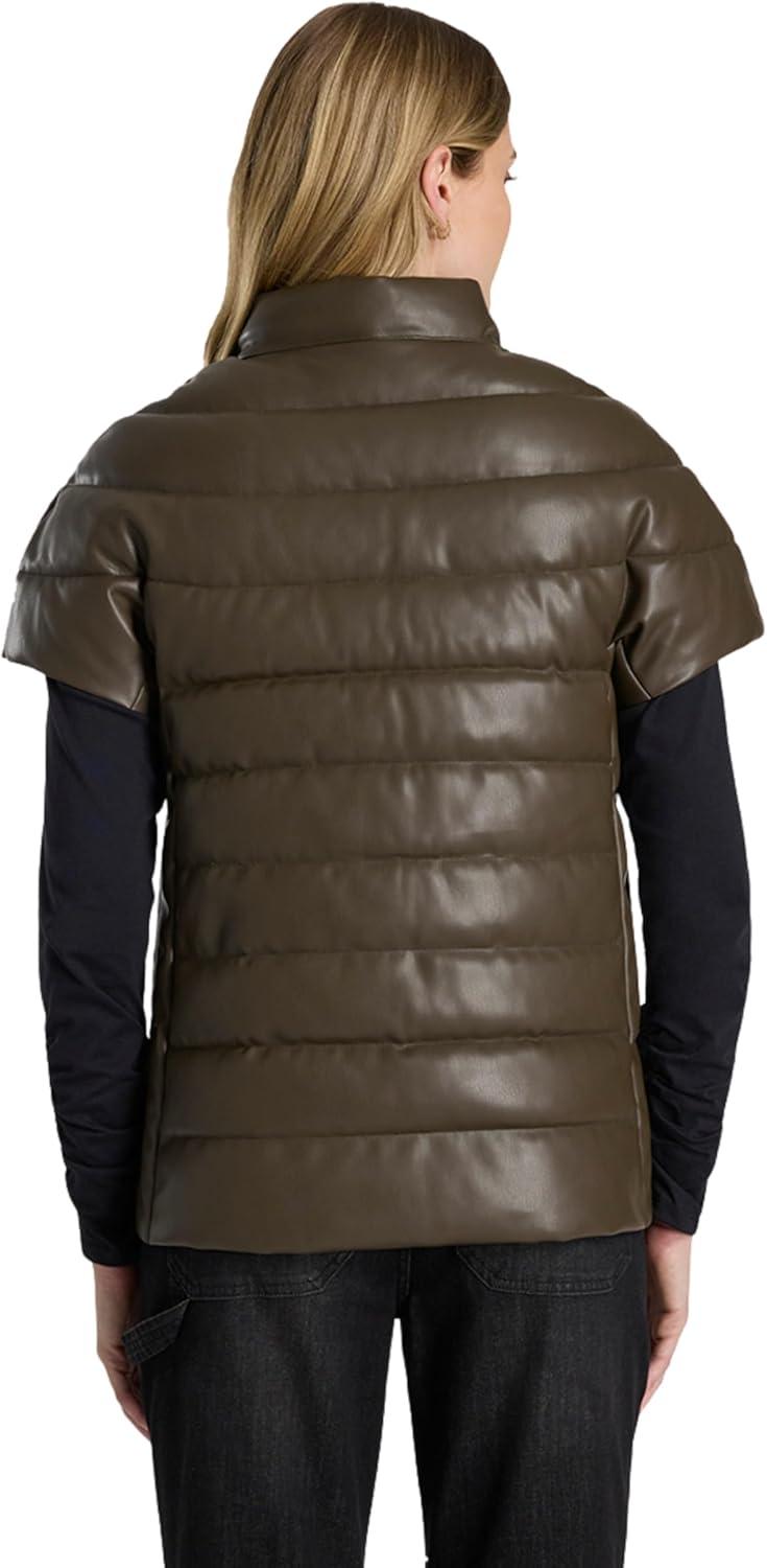 imageMartha Stewart Womens PU Quilted Puffer Vest Lightweight Down Outerwear Sleeveless Faux Leather Zip UpWren
