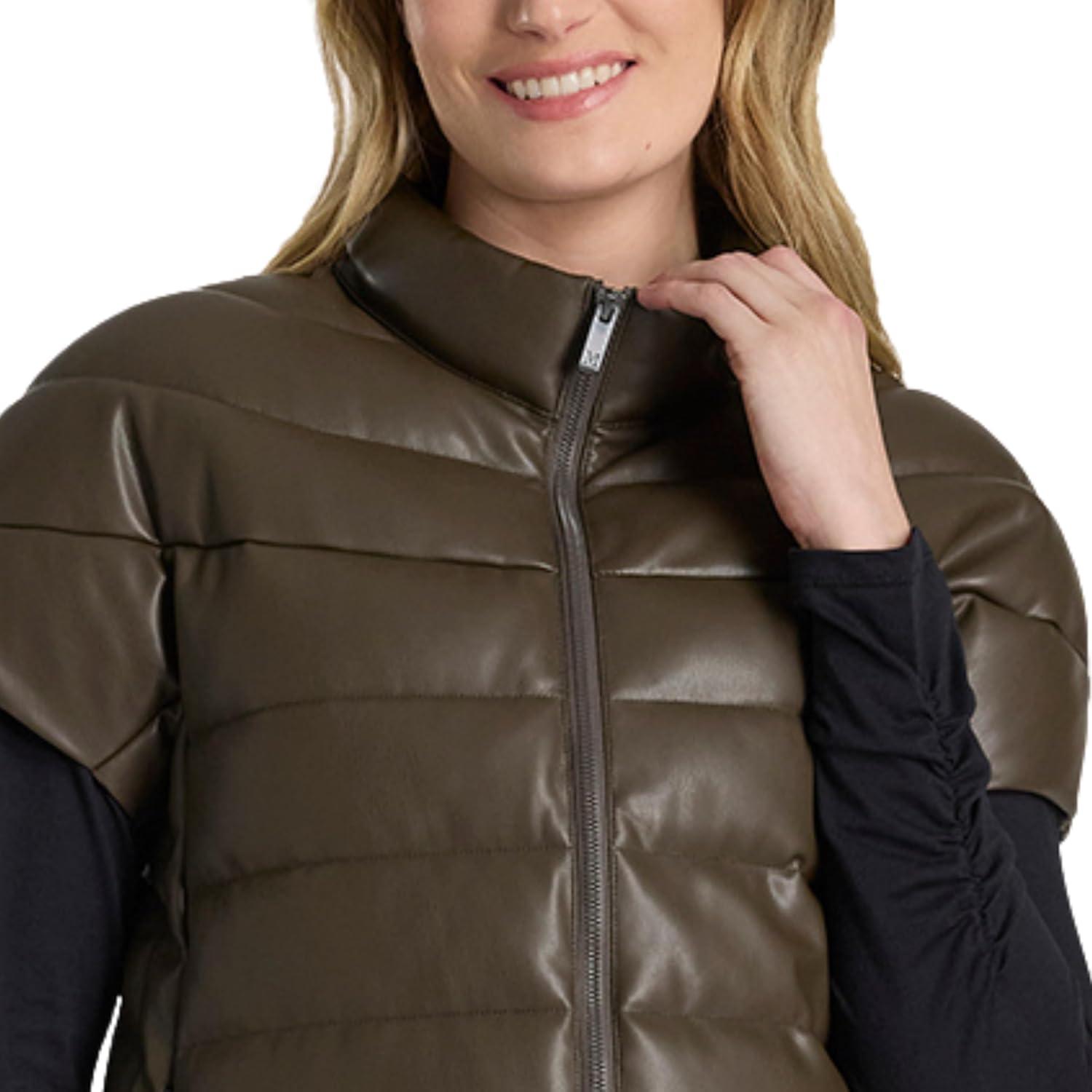 imageMartha Stewart Womens PU Quilted Puffer Vest Lightweight Down Outerwear Sleeveless Faux Leather Zip UpWren
