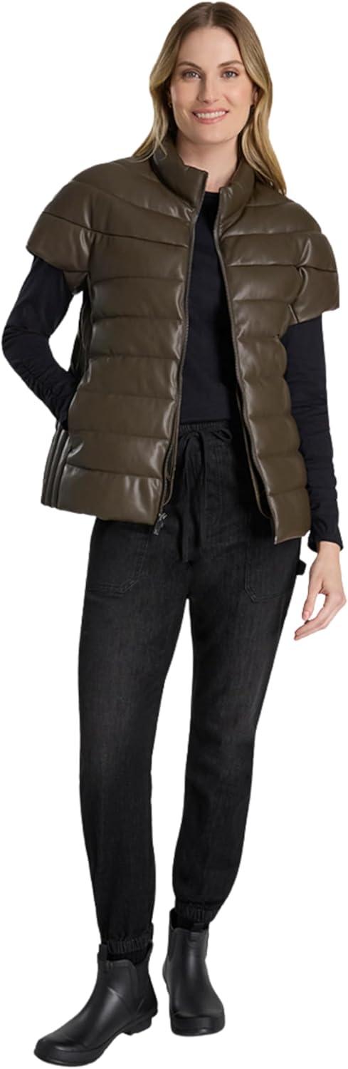 imageMartha Stewart Womens PU Quilted Puffer Vest Lightweight Down Outerwear Sleeveless Faux Leather Zip UpWren