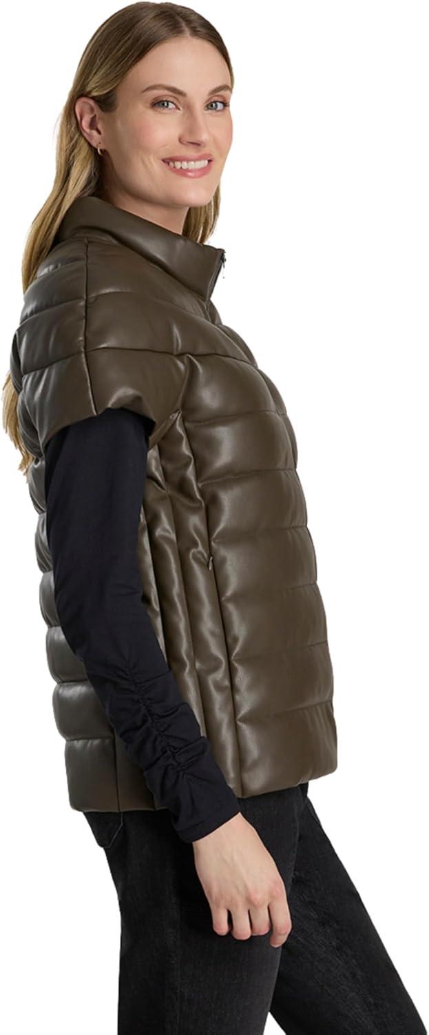 imageMartha Stewart Womens PU Quilted Puffer Vest Lightweight Down Outerwear Sleeveless Faux Leather Zip UpWren