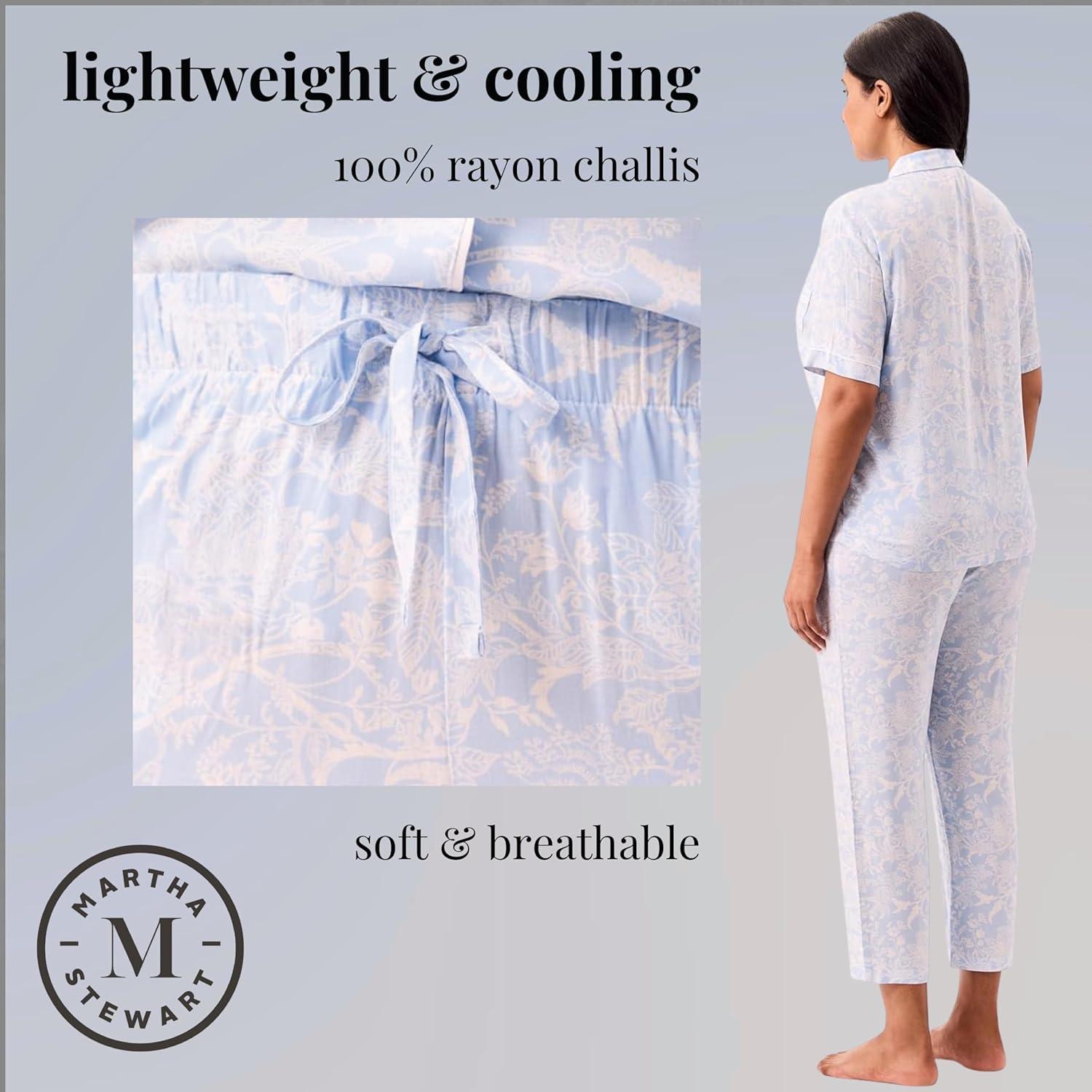 imageMartha Stewart Womens Pajama Capri Set Lightweight Sleepwear 2Pc Capri Pant and Notch Collar Short Sleeve Button DownDutch Canal
