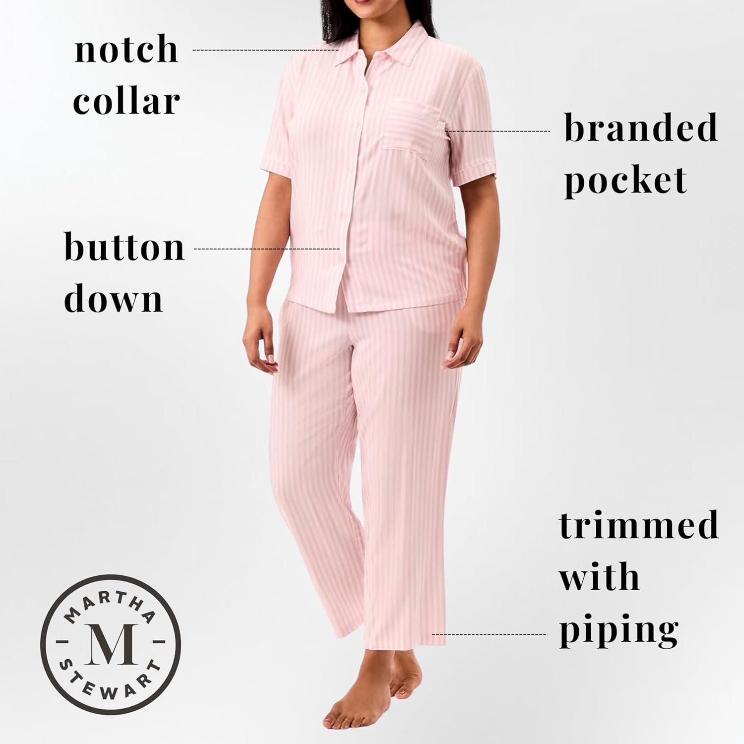 imageMartha Stewart Womens Pajama Capri Set Lightweight Sleepwear 2Pc Capri Pant and Notch Collar Short Sleeve Button DownParfait Pink