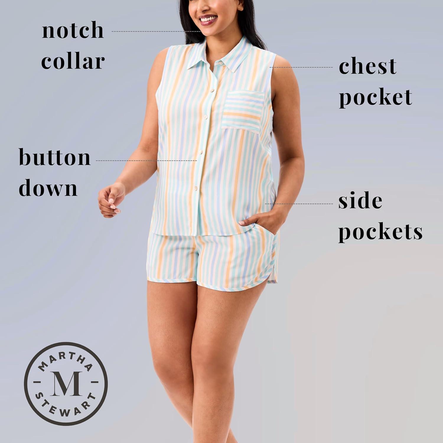 imageMartha Stewart Womens Pajama Set Soft Breathable Sleepwear 2Pc Notch Collar Short Sleeve Button Down Relaxed ComfortBright White