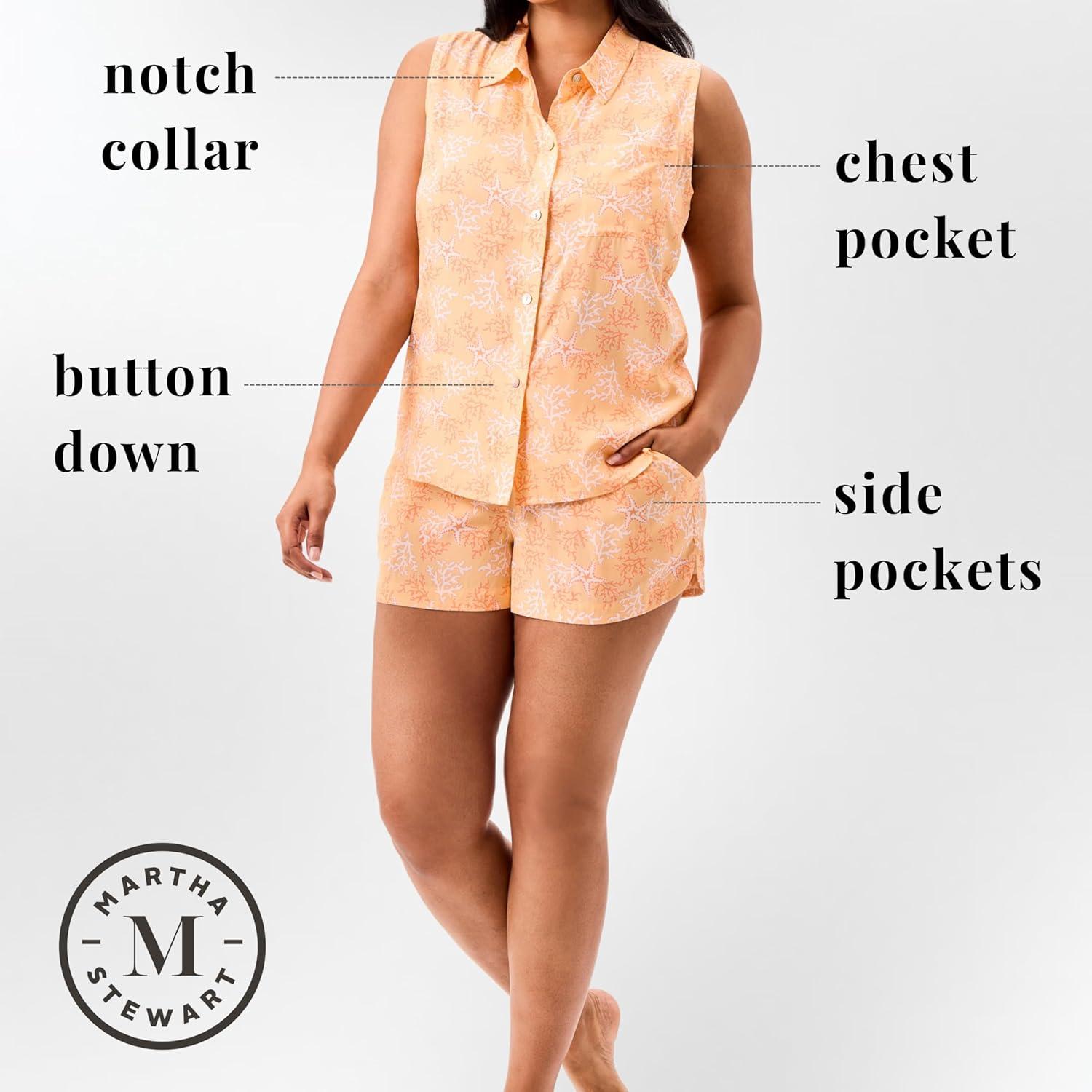 imageMartha Stewart Womens Pajama Set Soft Breathable Sleepwear 2Pc Notch Collar Short Sleeve Button Down Relaxed ComfortPeach Fuzz