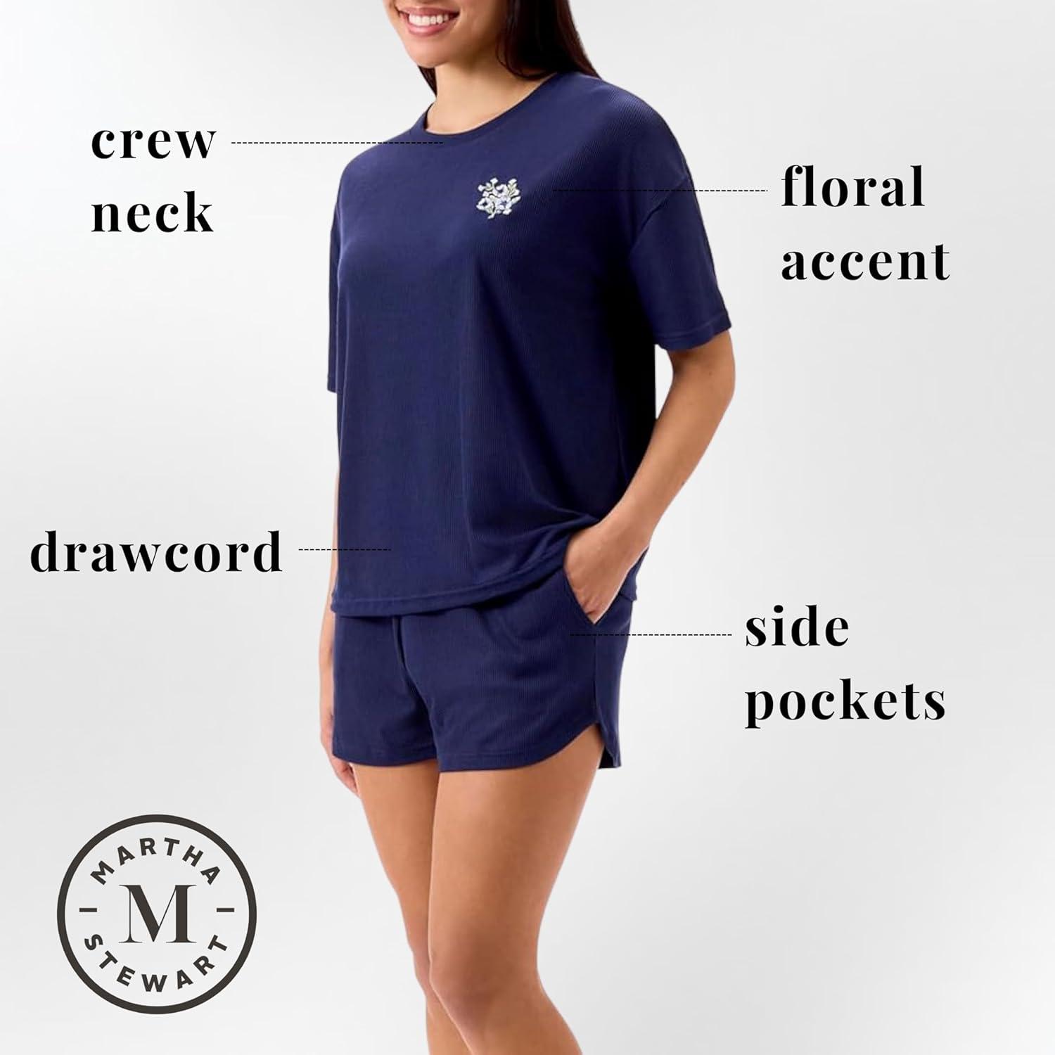 imageMartha Stewart Womens Pajama Shorts Set Soft Ribbed Jersey Sleepwear 2Pc Short Sleeve Top and Shorts Light and ComfyMedieval Blue