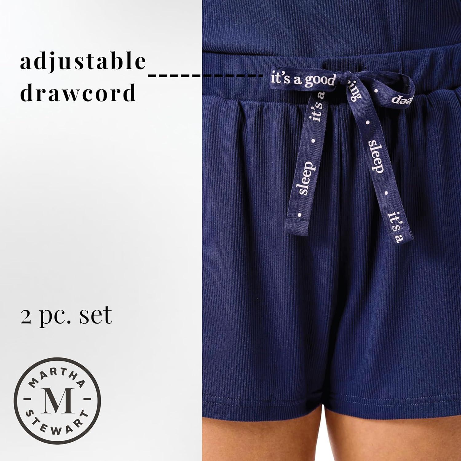 imageMartha Stewart Womens Pajama Shorts Set Soft Ribbed Jersey Sleepwear 2Pc Short Sleeve Top and Shorts Light and ComfyMedieval Blue