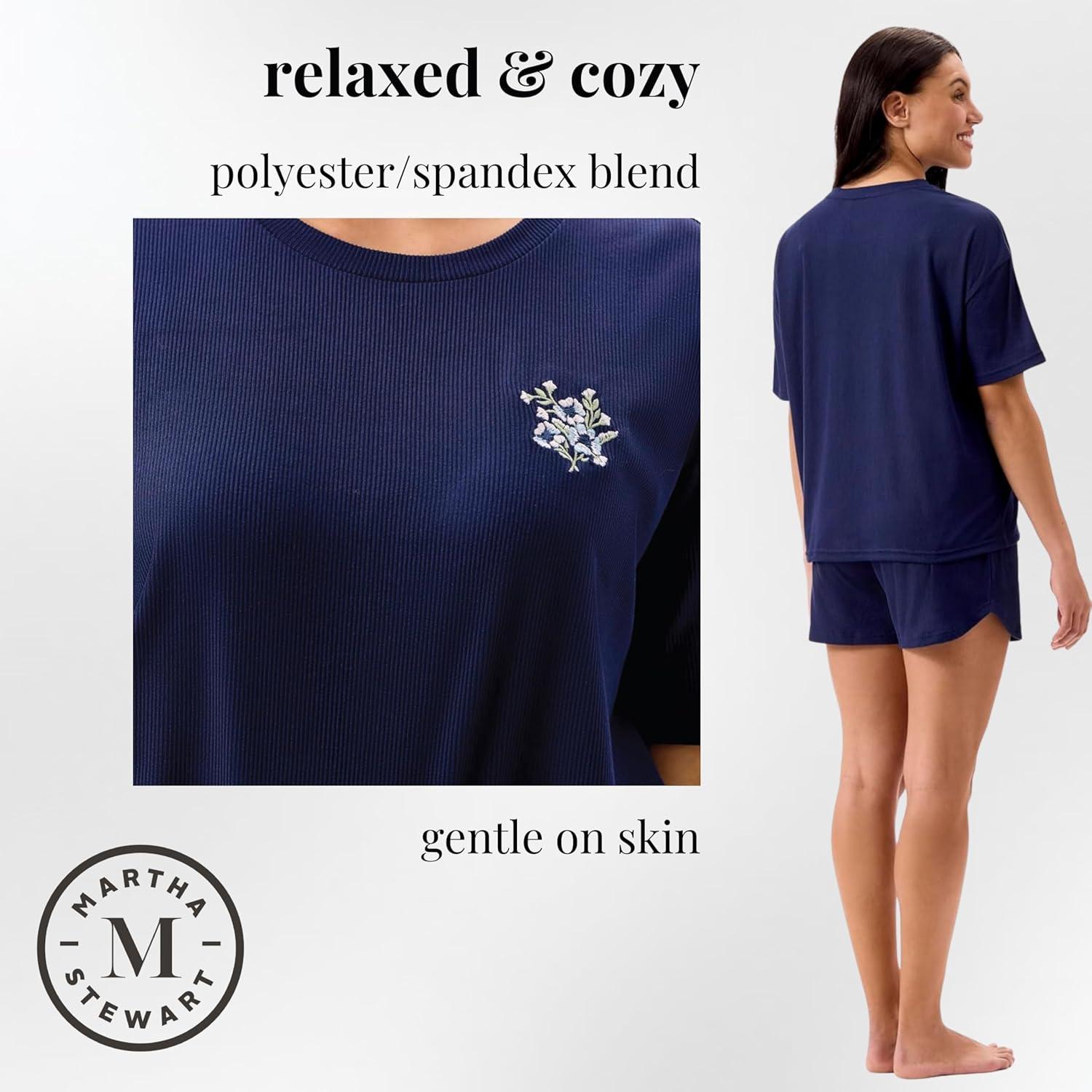 imageMartha Stewart Womens Pajama Shorts Set Soft Ribbed Jersey Sleepwear 2Pc Short Sleeve Top and Shorts Light and ComfyMedieval Blue