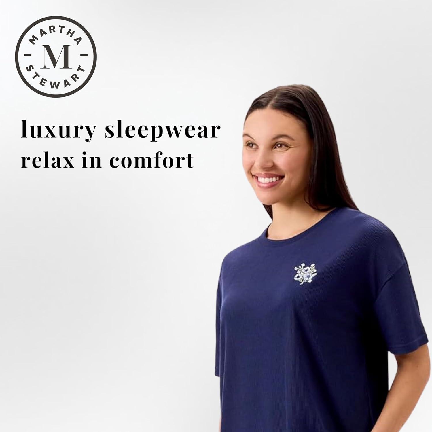 imageMartha Stewart Womens Pajama Shorts Set Soft Ribbed Jersey Sleepwear 2Pc Short Sleeve Top and Shorts Light and ComfyMedieval Blue