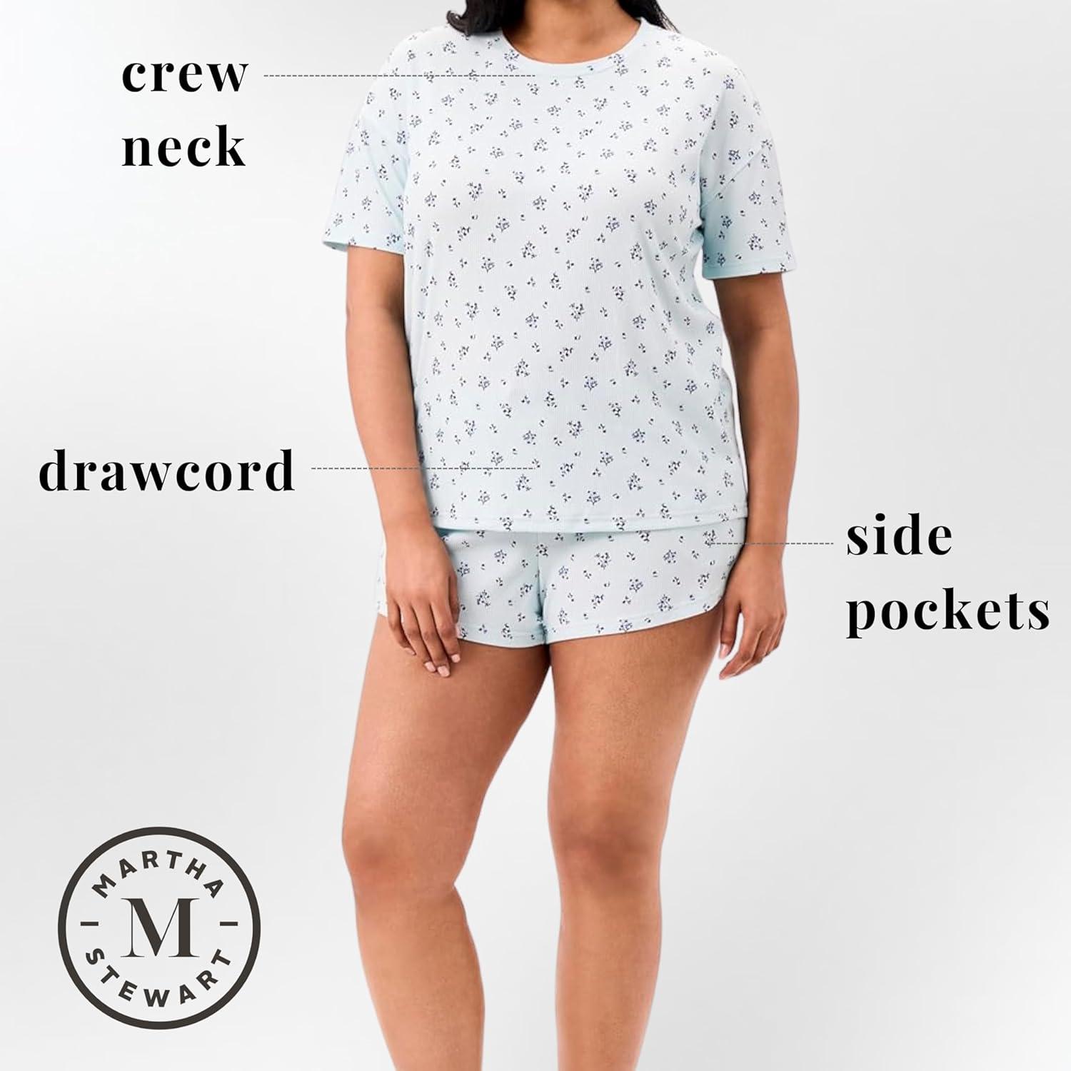 imageMartha Stewart Womens Pajama Shorts Set Soft Ribbed Jersey Sleepwear 2Pc Short Sleeve Top and Shorts Light and ComfyQuiet Tide