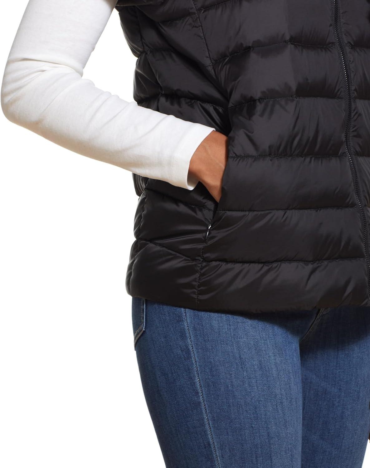 imageMartha Stewart Womens Puffy Down Vest Lightweight Casual Short Sleeve Vest Jacket Quilted Outerwear with PocketsBlack