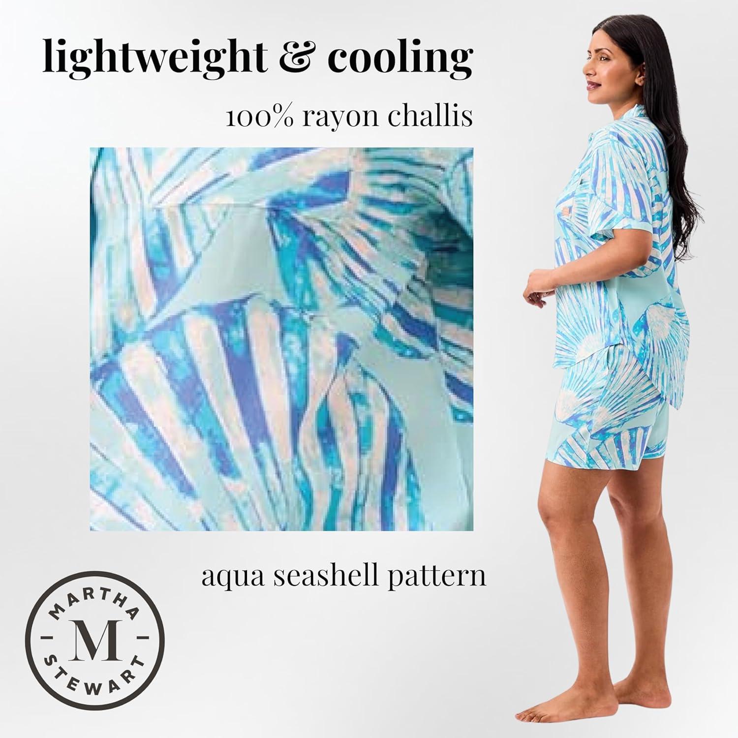 imageMartha Stewart Womens Short Sleeve Lightweight Pajama Set Notch Collar Top amp Shorts Soft Comfortable Rayon SleepwearSalt Air