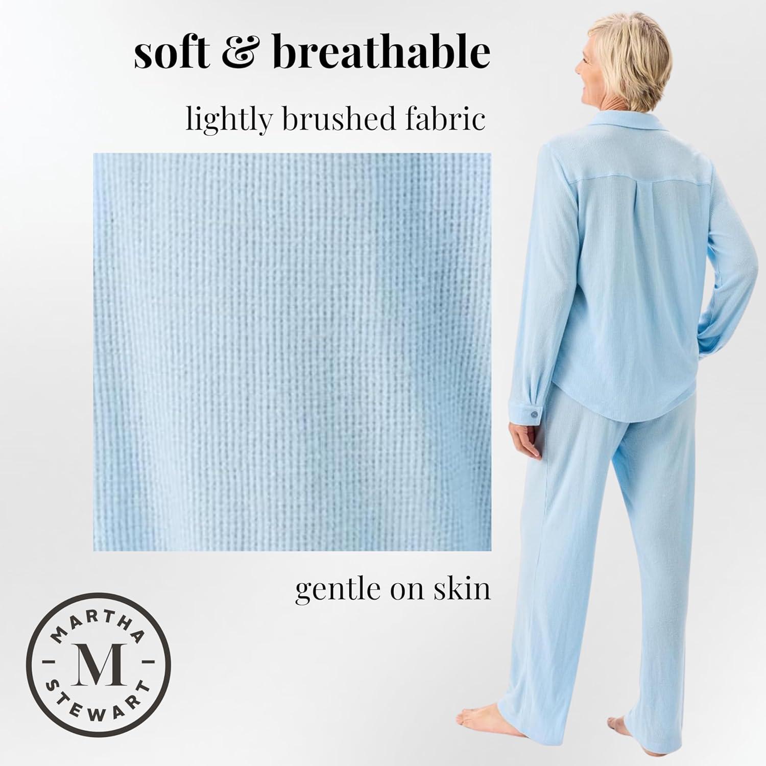imageMartha Stewart Womens Waffle Pajama Set 2Piece Long Sleeve Notch Collar ButtonDown Sleepwear Soft amp Cozy