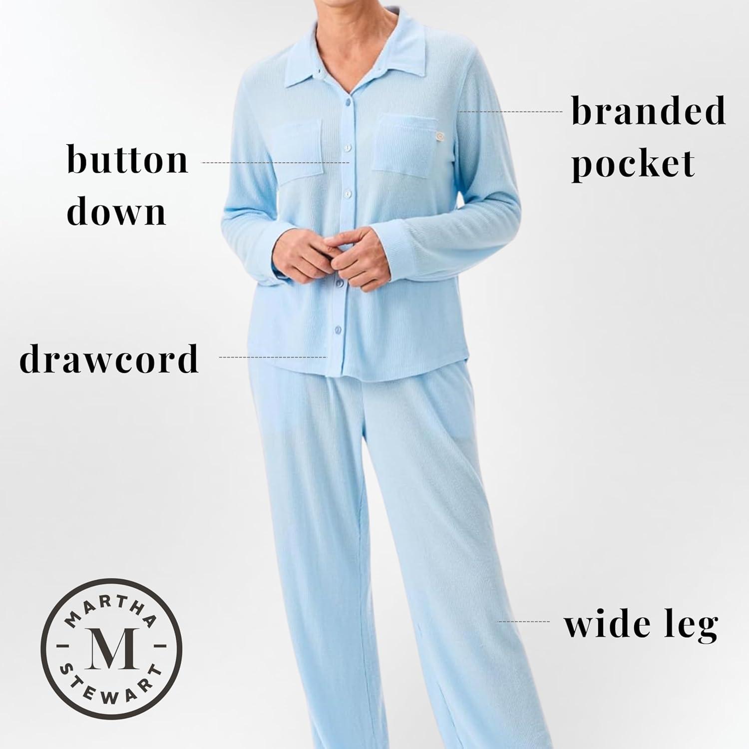 imageMartha Stewart Womens Waffle Pajama Set 2Piece Long Sleeve Notch Collar ButtonDown Sleepwear Soft amp Cozy