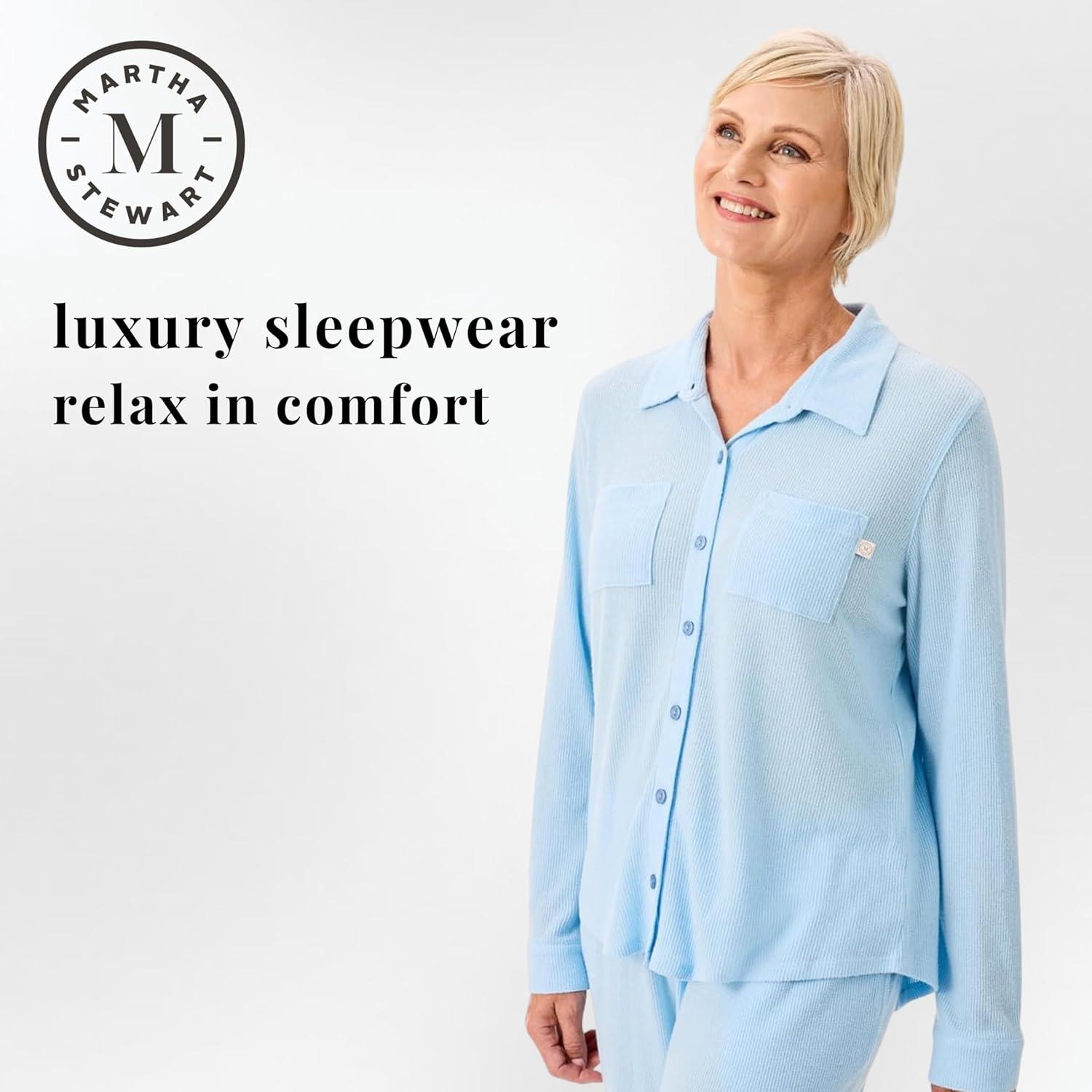 imageMartha Stewart Womens Waffle Pajama Set 2Piece Long Sleeve Notch Collar ButtonDown Sleepwear Soft amp Cozy