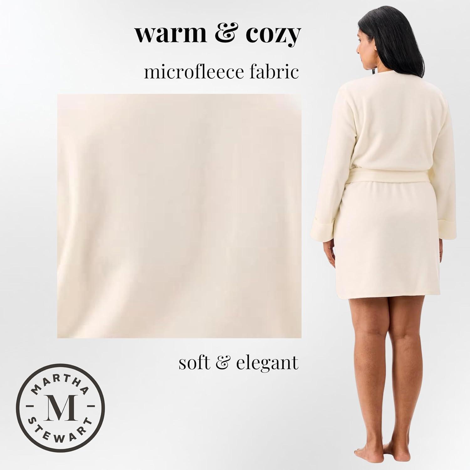 imageMartha Stewart Womens Wrap Robe Cozy Microfleece Short Robe Warm Soft Loungewear for Sleep amp HomeWarm White