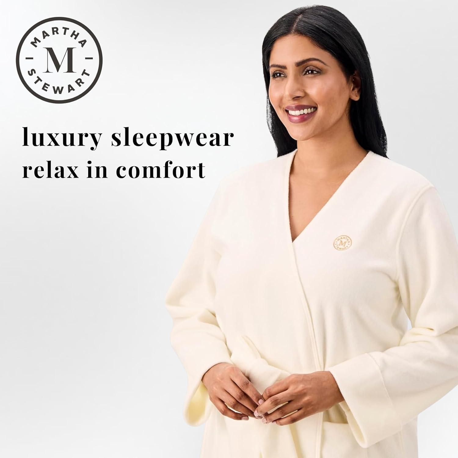 imageMartha Stewart Womens Wrap Robe Cozy Microfleece Short Robe Warm Soft Loungewear for Sleep amp HomeWarm White
