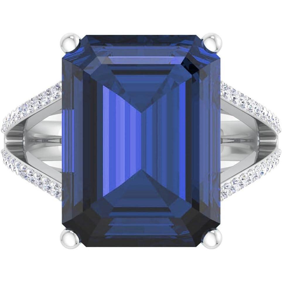 imageMartha Stewart 10 14 Carat Emerald Cut Gemstone Ring with Lab Grown Diamonds in Sterling Silver Choose Your GemstoneSapphire