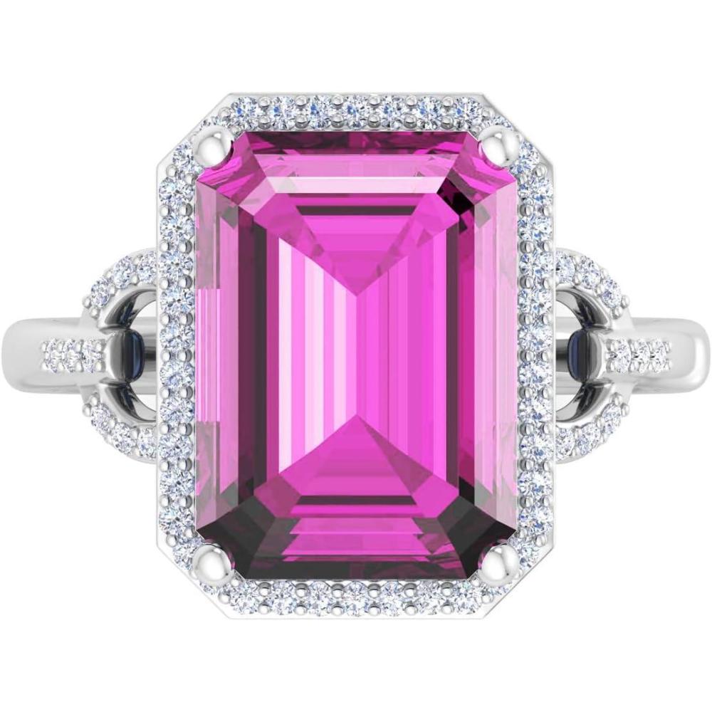 imageMartha Stewart 7 13 Carat Emerald Cut Gemstone Halo Ring with Lab Grown Diamonds in Sterling Silver Choose Your GemstonePink Sapphire