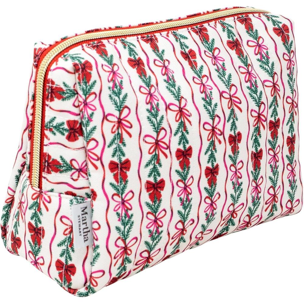 imageMartha Stewart Festive Quilted Makeup Bag Compact Cosmetic Organizer for Women Small Zipper Pouch with PVC Lining 875 x 4 x 6 Holiday Bow Stripe