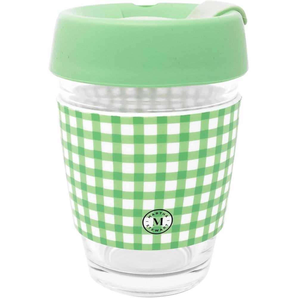 imageMartha Stewart Glass Tumbler 12 Ounce Travel Coffee Mug with Splashproof Lid amp Green Gingham Silicone Sleeve Hot or Cold Beverages Arcadian Green Gingham