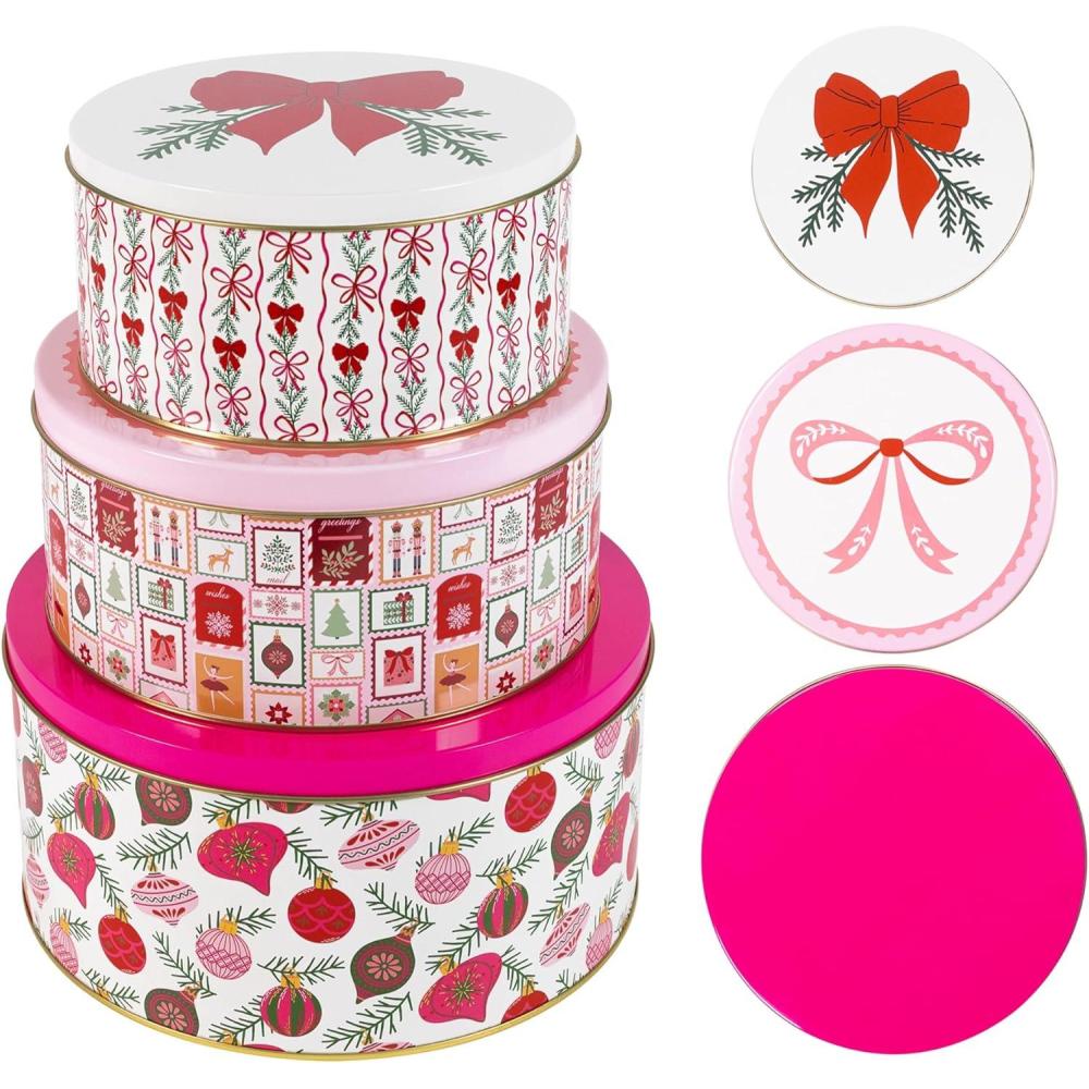 imageMartha Stewart Metal Cookie Tins 3Piece Nesting Set Small Medium amp Large Christmas Containers for Gift amp Storage Ornaments and Bows