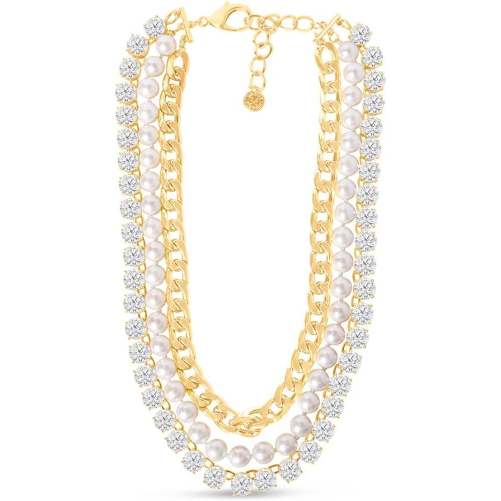 imageMartha Stewart Three Strand Pearl Crystal and Chain Necklace In Gold 18 Inches For Women
