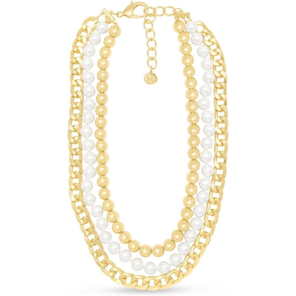 imageMartha Stewart Three Strand Pearl Gold Ball and Chain Necklace In Gold 18 Inches For Women