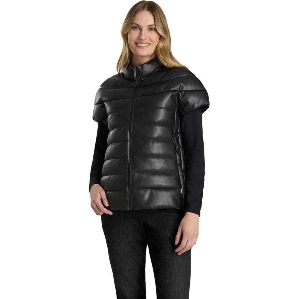 imageMartha Stewart Womens PU Quilted Puffer Vest Lightweight Down Outerwear Sleeveless Faux Leather Zip UpBlack