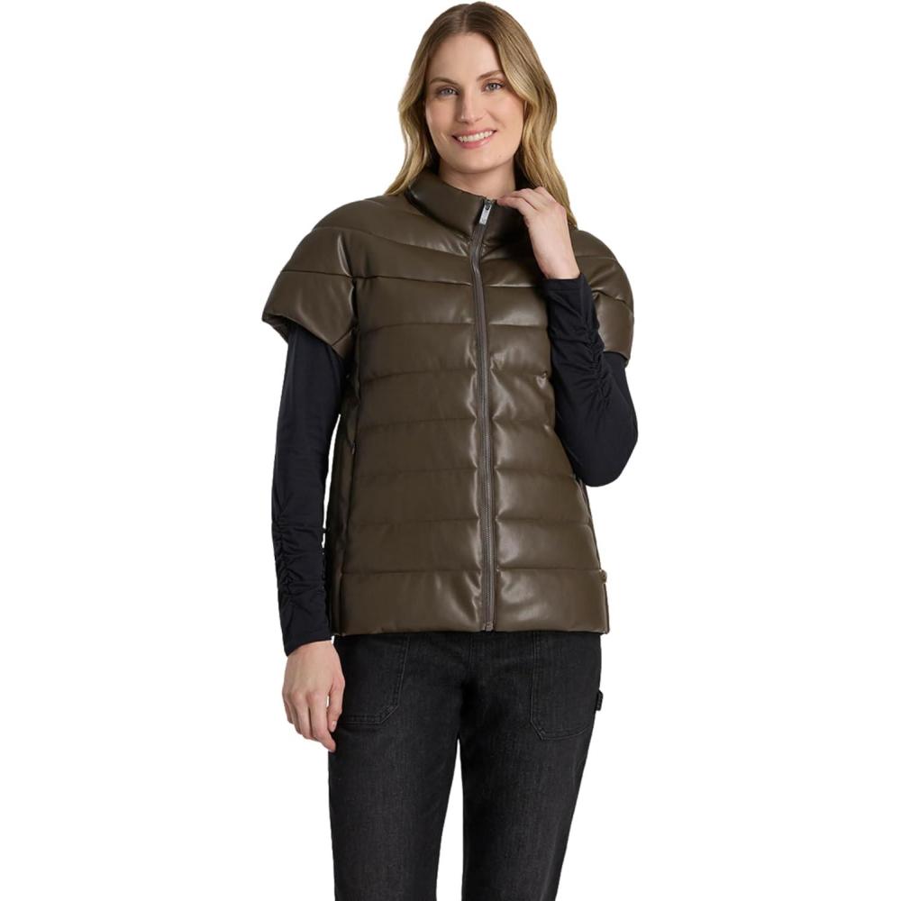 imageMartha Stewart Womens PU Quilted Puffer Vest Lightweight Down Outerwear Sleeveless Faux Leather Zip UpWren