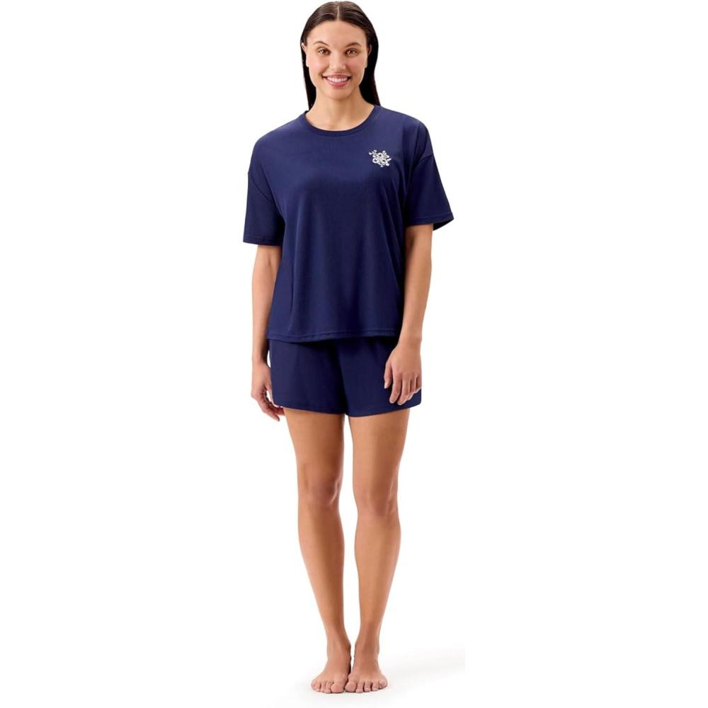 imageMartha Stewart Womens Pajama Shorts Set Soft Ribbed Jersey Sleepwear 2Pc Short Sleeve Top and Shorts Light and ComfyMedieval Blue
