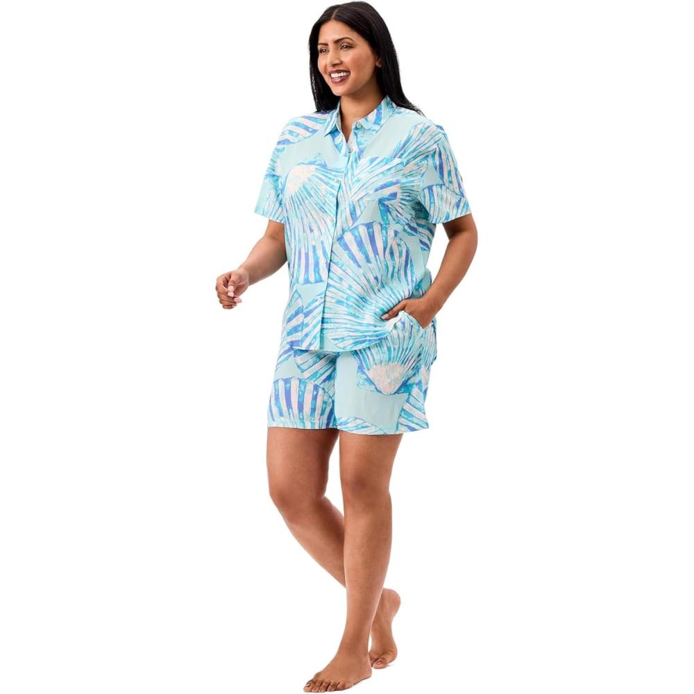 imageMartha Stewart Womens Short Sleeve Lightweight Pajama Set Notch Collar Top amp Shorts Soft Comfortable Rayon SleepwearSalt Air