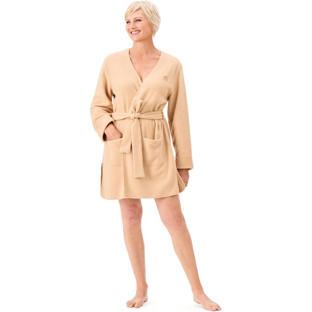 imageMartha Stewart Womens Wrap Robe Cozy Microfleece Short Robe Warm Soft Loungewear for Sleep amp HomeCaramel