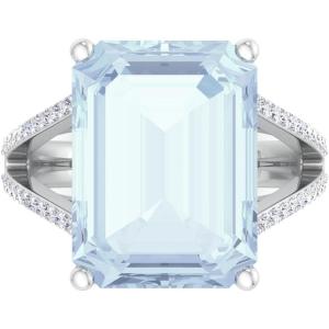 Martha Stewart 10 1/4 Carat Emerald Cut Gemstone Ring with Lab Grown Diamonds in Sterling Silver, Choose Your Gemstone(Aquamarine)