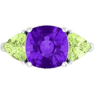 Martha Stewart 8 Carat Cushion Cut Gemstone Three Stone Ring with Lab Grown Diamonds in Sterling Silver, Choose Your Gemstone(Option 2)