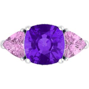 Martha Stewart 8 Carat Cushion Cut Gemstone Three Stone Ring with Lab Grown Diamonds in Sterling Silver, Choose Your Gemstone(Option 3)