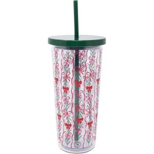 Martha Stewart Double Wall Tumbler with Lid and Reusable Straw, Floral Plastic Cup, Insulated Travel Cup Holds 24 Ounces (Holiday Bow Stripe)