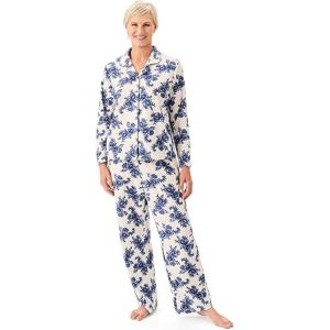 Martha Stewart Microfleece Sleepwear for Women | Cozy 2-Piece Notch Collar Pajama Set | Buttery Soft, Warm Loungewear(Egret)