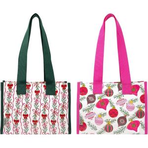 Martha Stewart Mini Market Tote Set of 2, Reusable and Water-Resistant Eco Holiday Totes, Shopping Bags with Long Shoulder Straps, Gift or Grocery Bag Set (Ornaments/Holiday Bow Stripe)