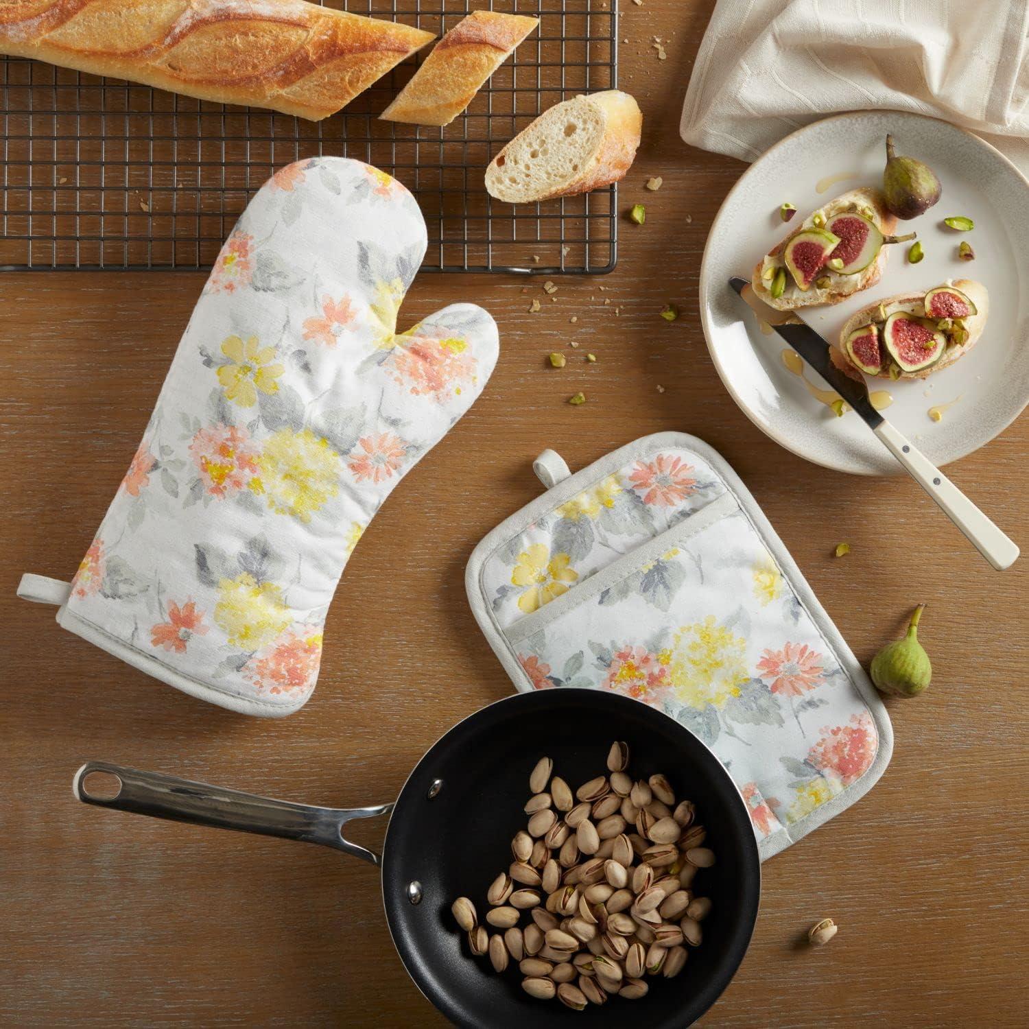 imageMartha Stewart Amber Floral Oven Mitt amp Pot Holder Set 2Pack PinkYellow OM 7x13 amp PH 7x10YellowCoral