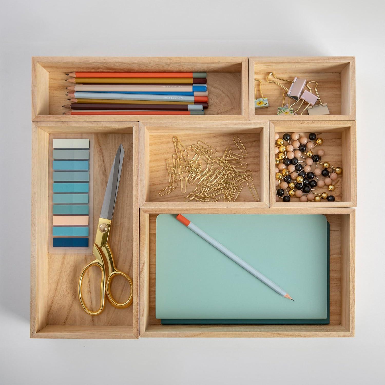 imageMartha Stewart Enzo Wooden Desk Drawer Organizer Set Paulownia Wood Organizers in Various Sizes 6 Piece Light NaturalLight Natural
