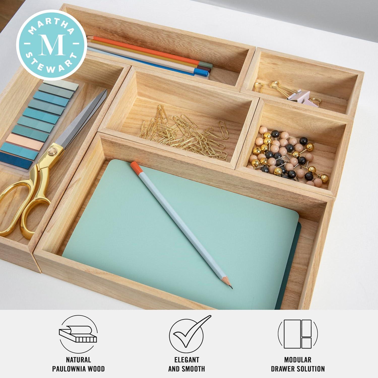 imageMartha Stewart Enzo Wooden Desk Drawer Organizer Set Paulownia Wood Organizers in Various Sizes 6 Piece Light NaturalLight Natural