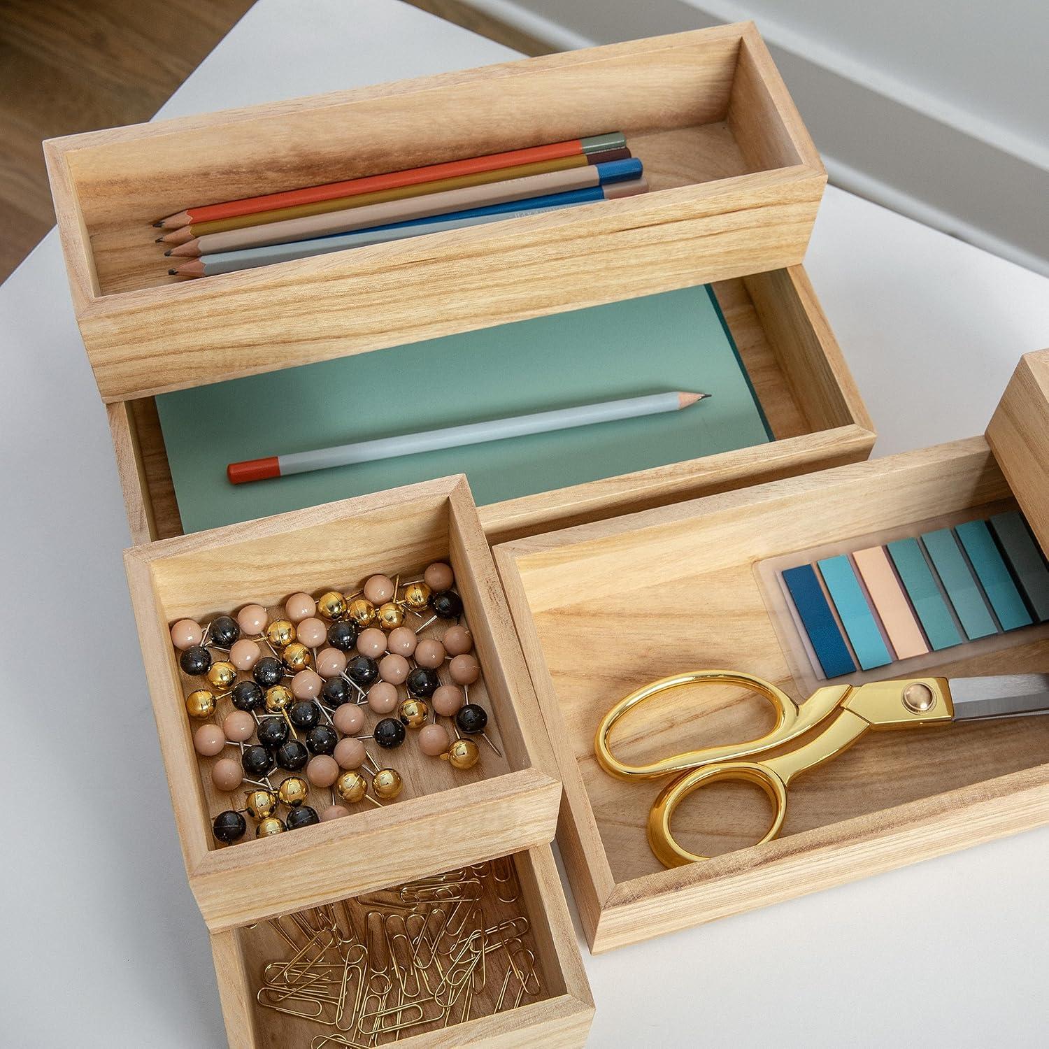 imageMartha Stewart Enzo Wooden Desk Drawer Organizer Set Paulownia Wood Organizers in Various Sizes 6 Piece Light NaturalLight Natural